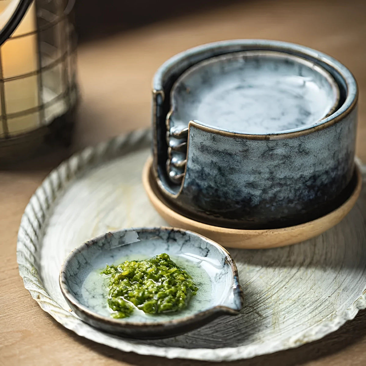 Japanese porcelain seasoning dish set with 4 small plates and 1 tray, irregular shape, available in five colours