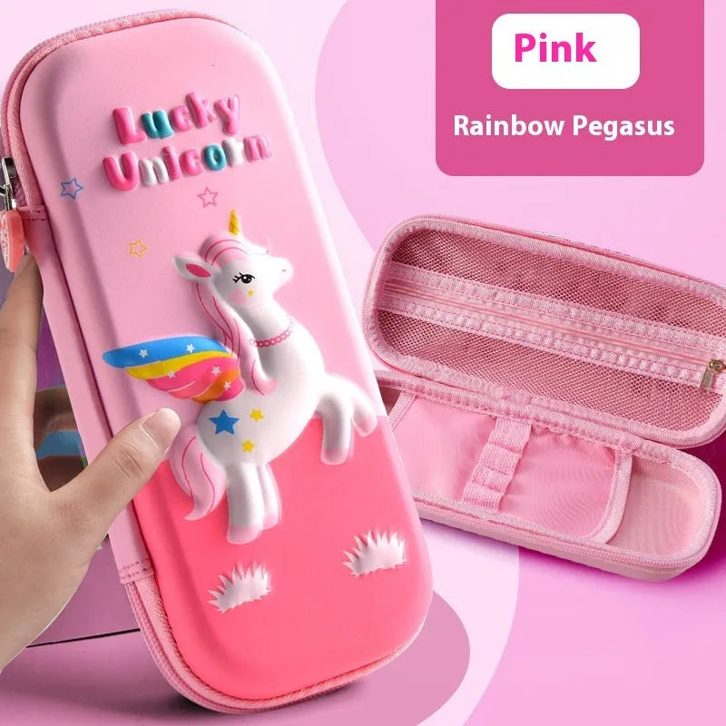 3D leather pencil case showing embossed astronaut and dinosaur design options.