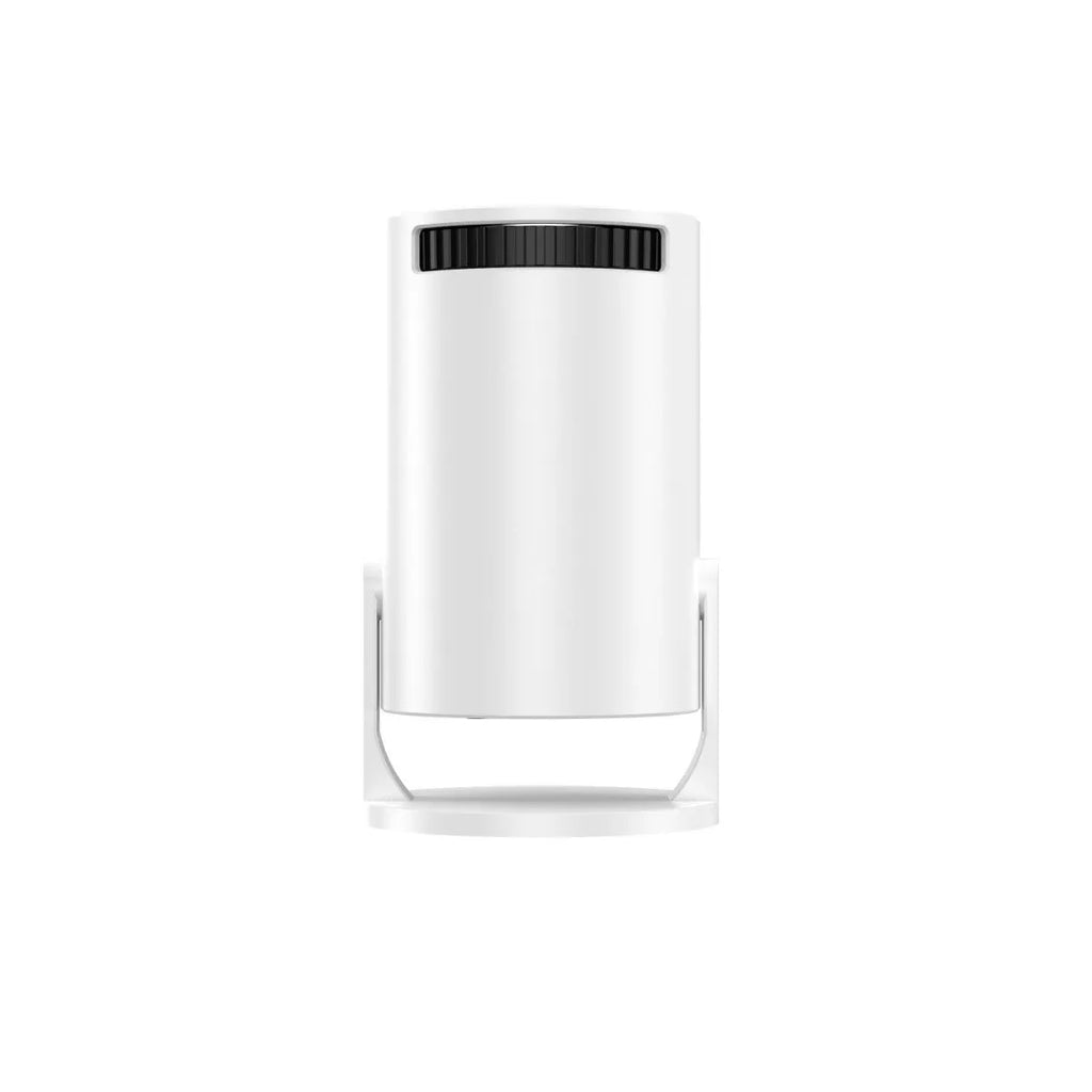White mini portable wireless projector showing 1080p HD resolution and same-screen mirroring capability