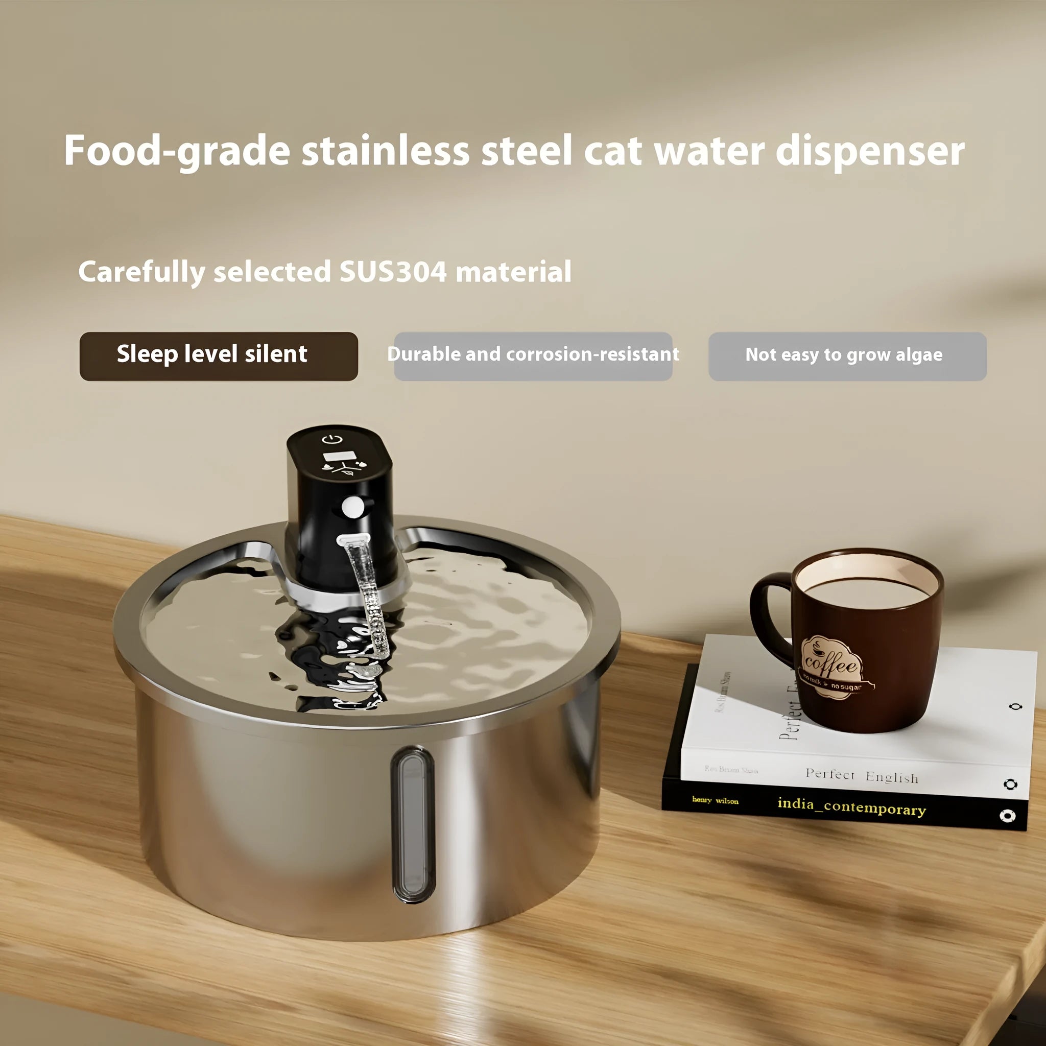 Stainless steel cat and dog water fountain with heating base in black or white colour