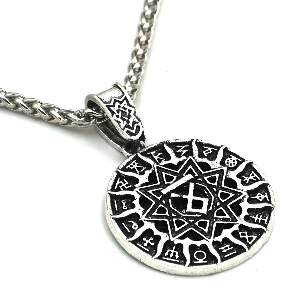 Lunavin retro logo pendant necklace with antique silver finish on an adjustable leather rope.
