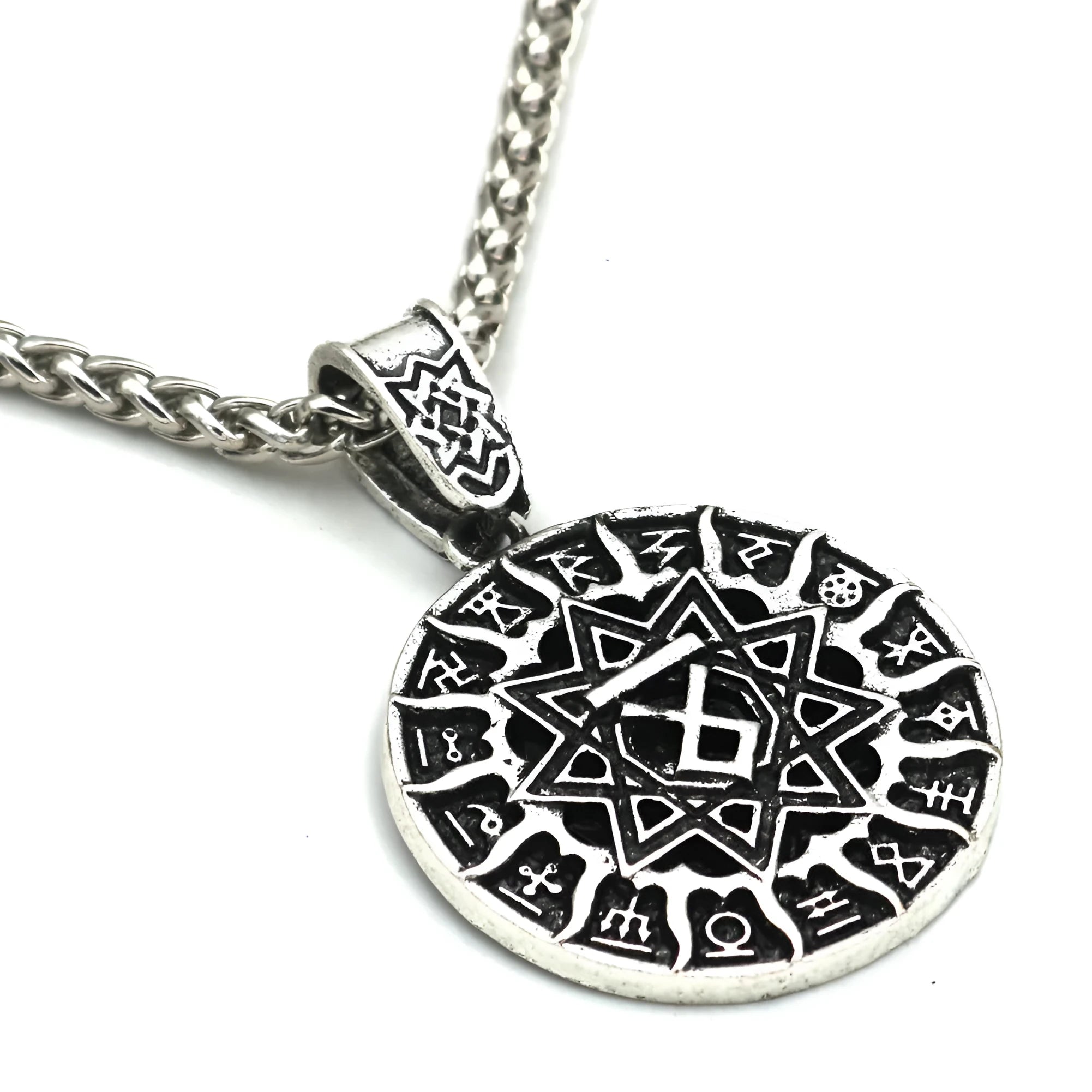 Lunavin retro logo pendant necklace with antique silver finish on an adjustable leather rope.