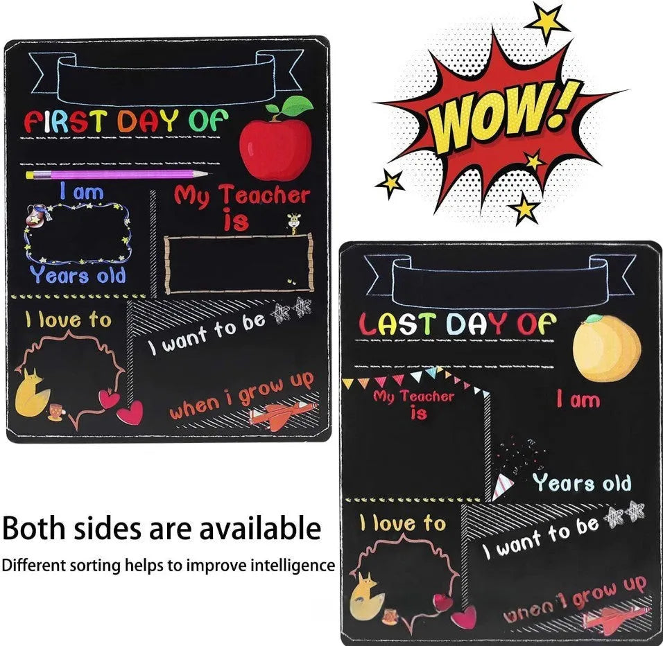 Wooden first day of school blackboard with modern design measuring 255mm by 300mm