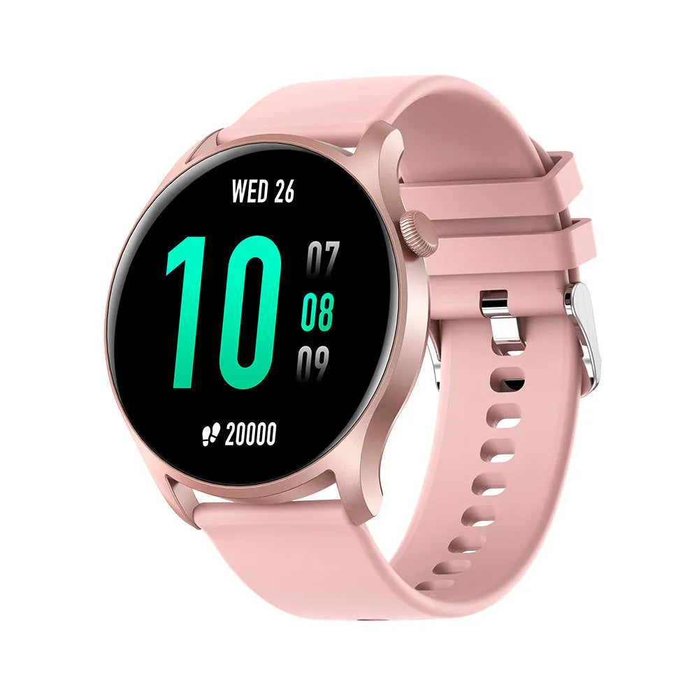 A pink smart watch with a silicone band displaying a heart rate reading on its screen.