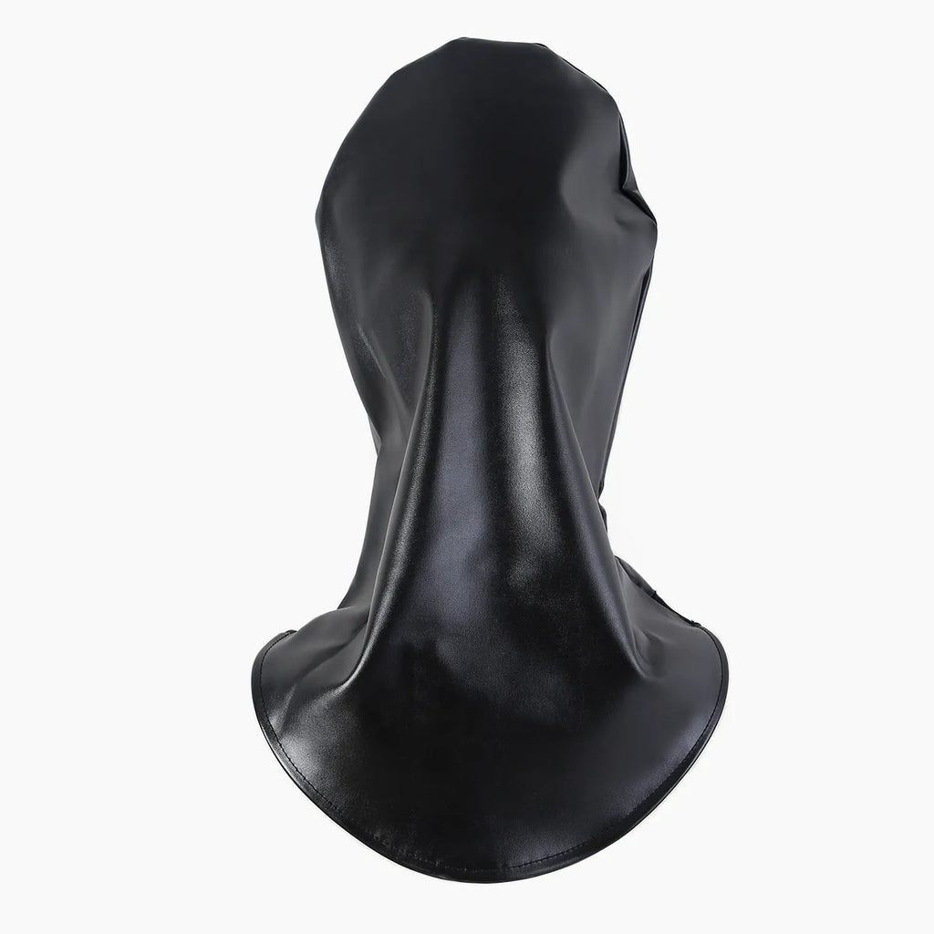 Black leather BDSM mask with breathable nose holes for adult roleplay.