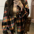Women's loose fit plaid cotton shirt with long sleeves in black, green or purple