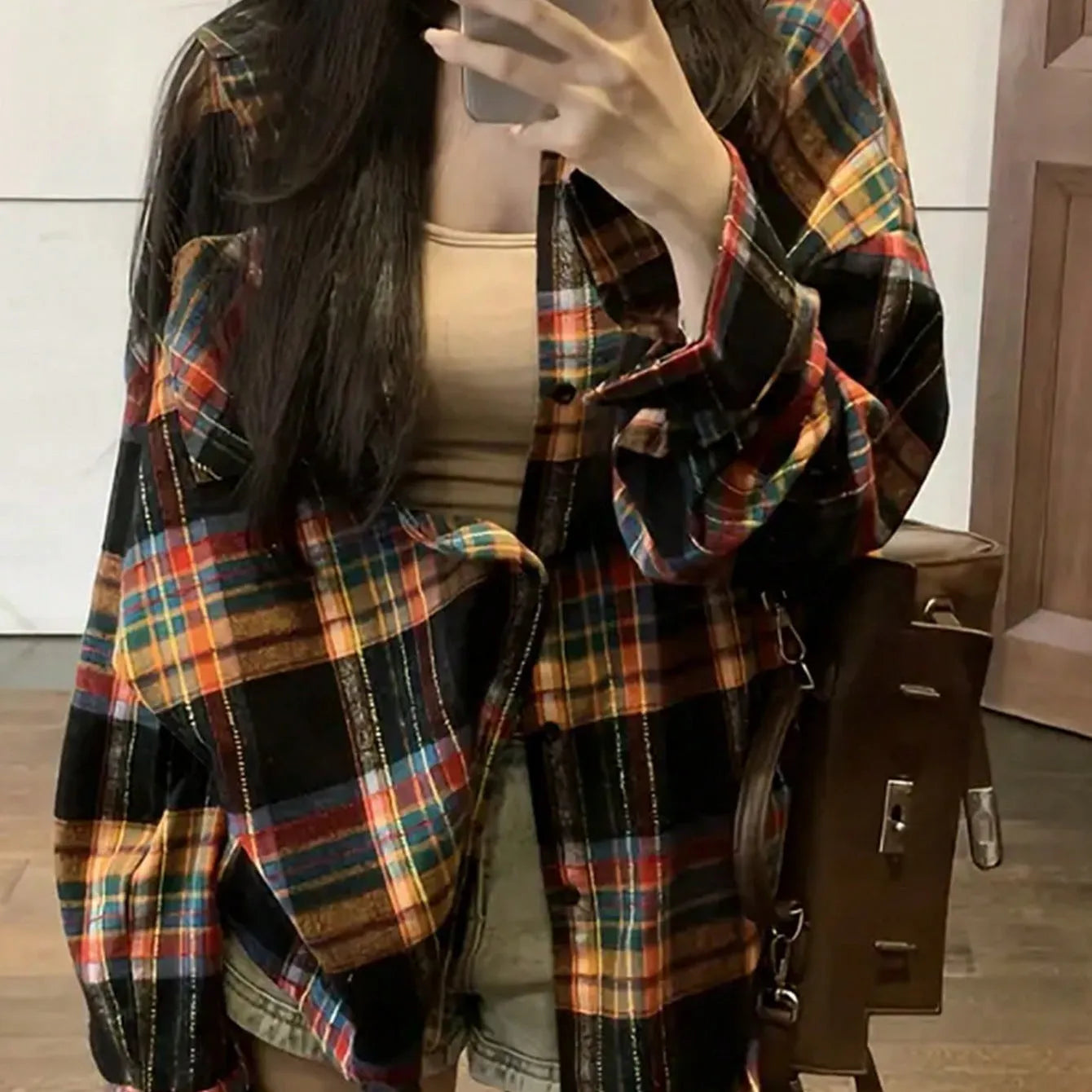 Women's loose fit plaid cotton shirt with long sleeves in black, green or purple