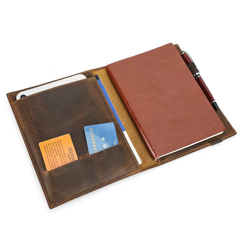 Brown Crazy Horse leather A5 notebook protective sleeve with socket closure