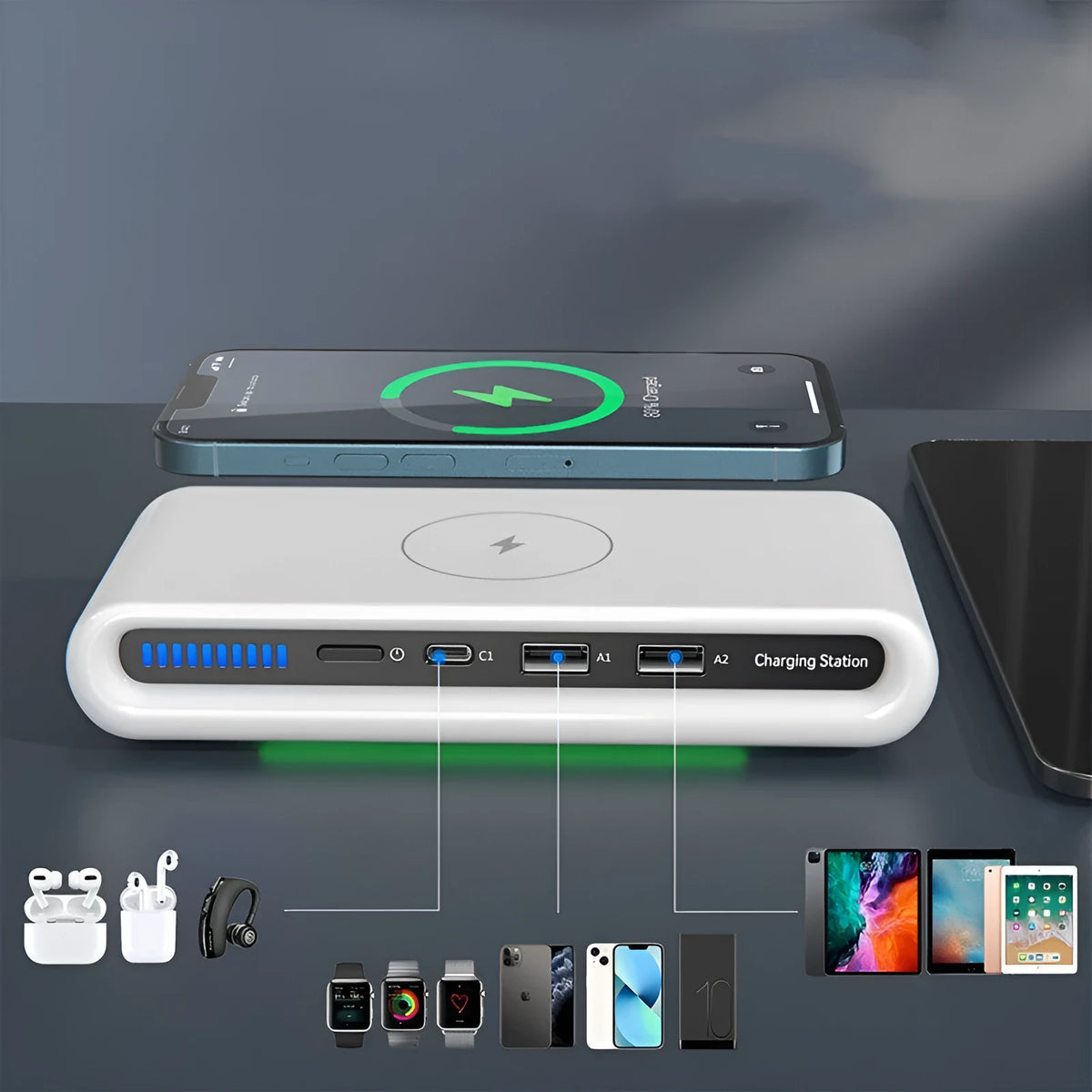 White desktop wireless charging pad with 15W fast charging and eight-colour atmosphere lighting, measuring 175x83x32mm