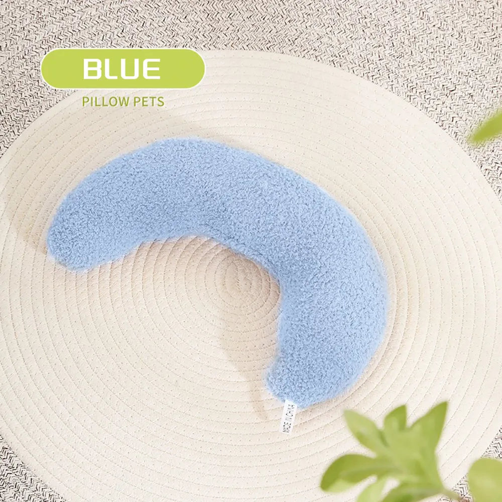 Blue U-shaped cat pillow with integrated adjustable collar for feline cervical support