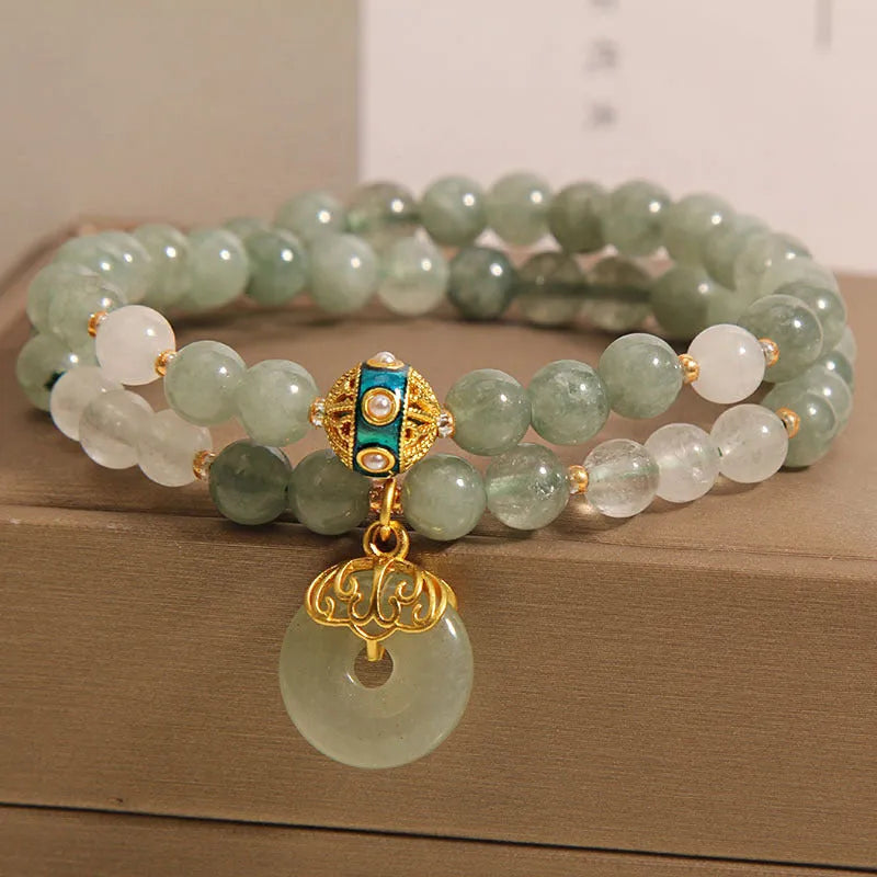Women's green aventurine jade double-layer bracelet with crystal rhinestones and peace buckle closure