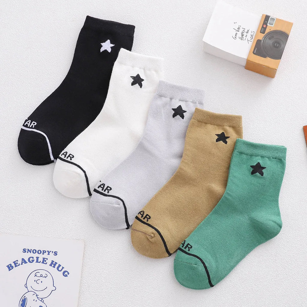 Children's cotton middle tube socks with smiley face and rainbow patterns, 5 pairs, sizes 1-15 years