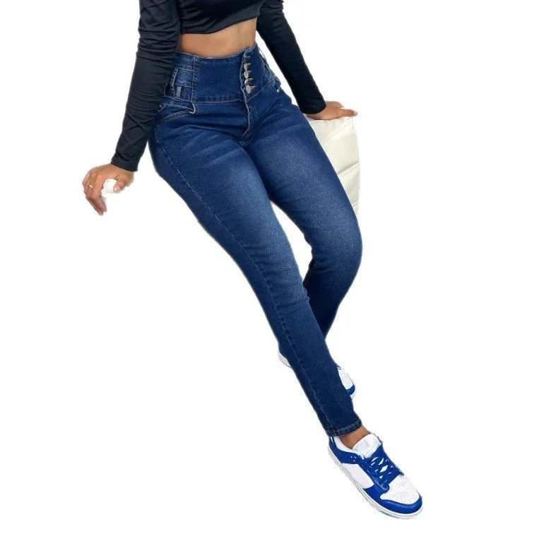 Dark blue women's straight-leg jeans with button details and zip fastening
