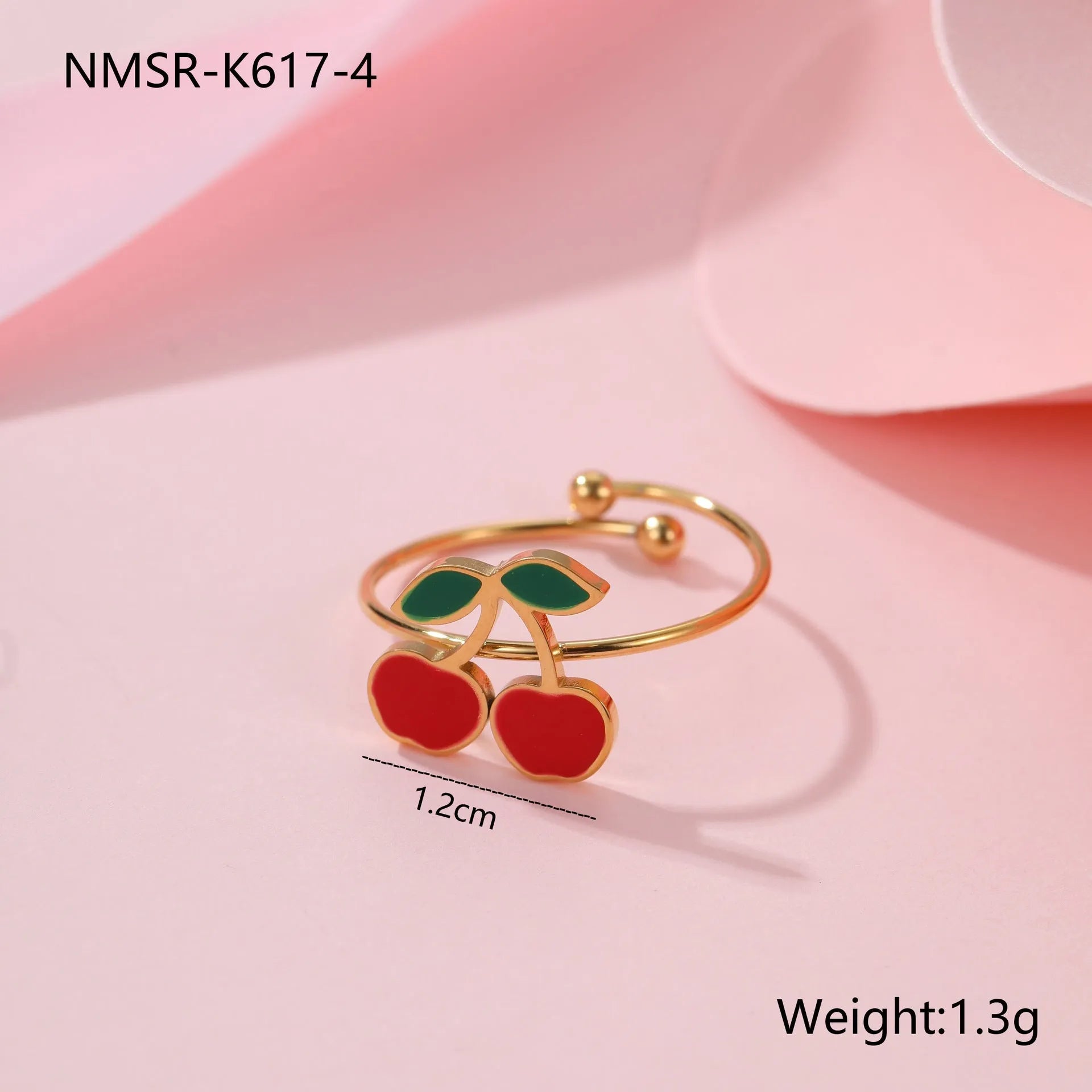 Cherry jewellery set with gold-plated necklace, bracelet, earrings, and ring on stainless steel chain