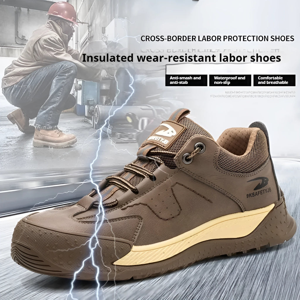 Flyknit leather work safety shoes with rubber sole in black, shown in a size 42.