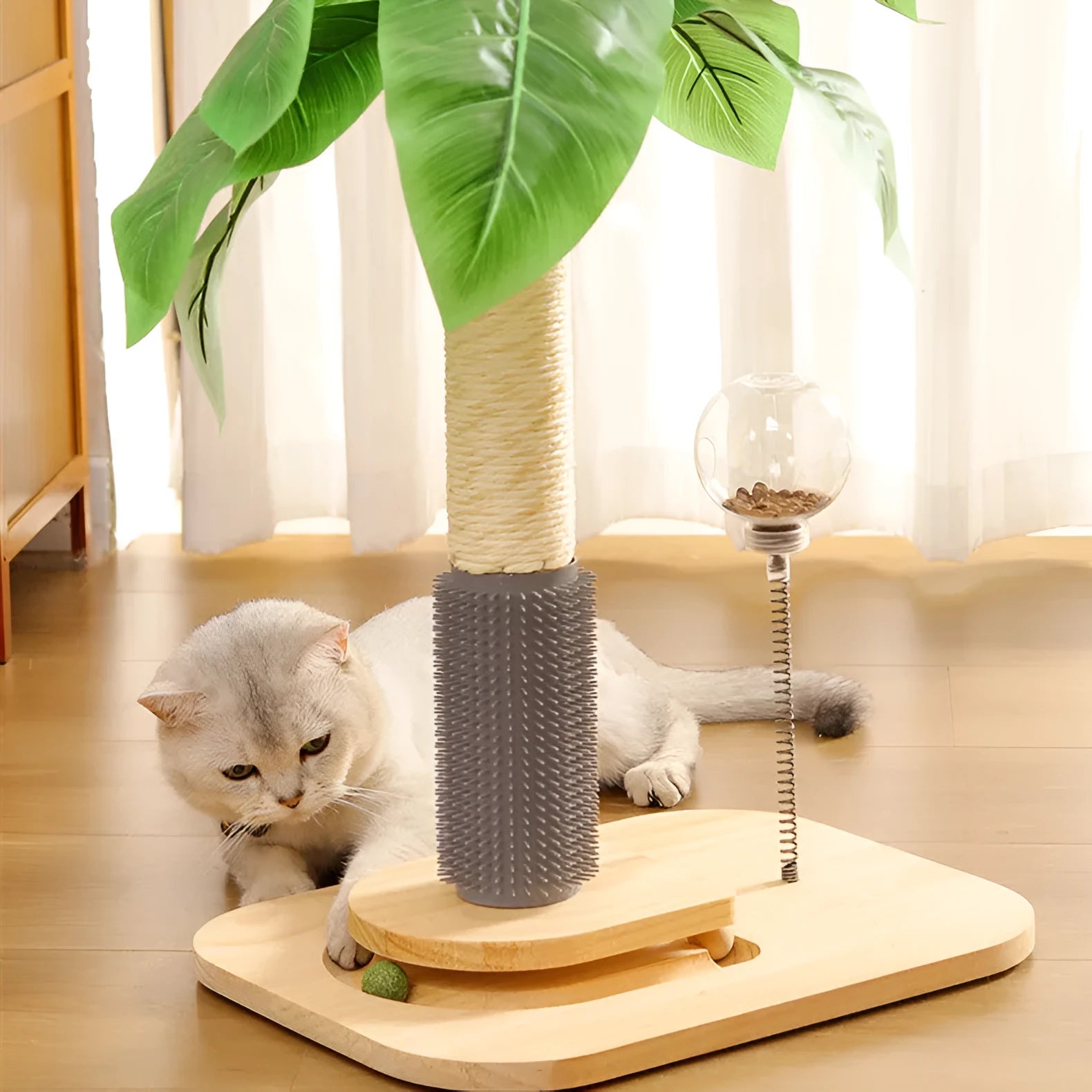 Canna coloured wooden cat scratching post with vertical pole, grab column, and food drop ball