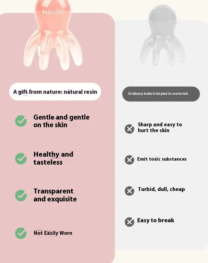 Small pink octopus-shaped natural resin massage comb with storage bag for facial meridian pressure.