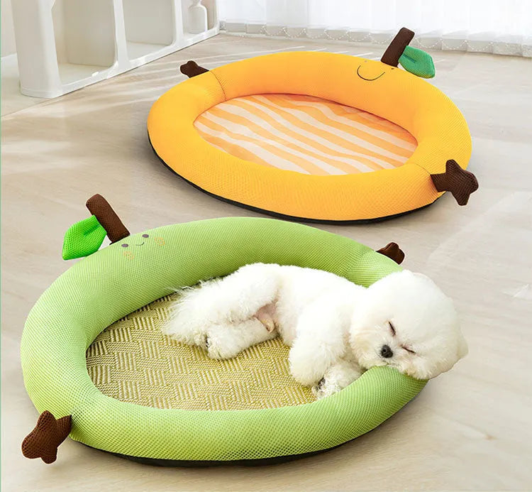 Green fruit-shaped backrest pet nest bed with cooling mat for dogs and cats