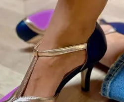Women's round toe high heel shoes with button fastening in artificial PU material