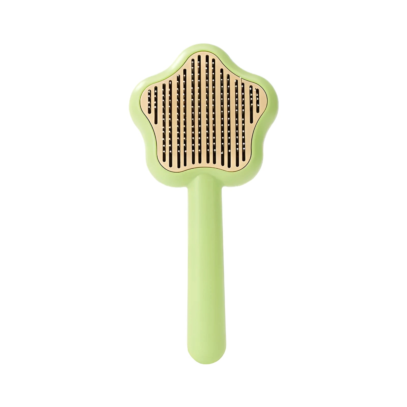 Green self-cleaning magic wand cat comb with stainless steel needle teeth on a white background.