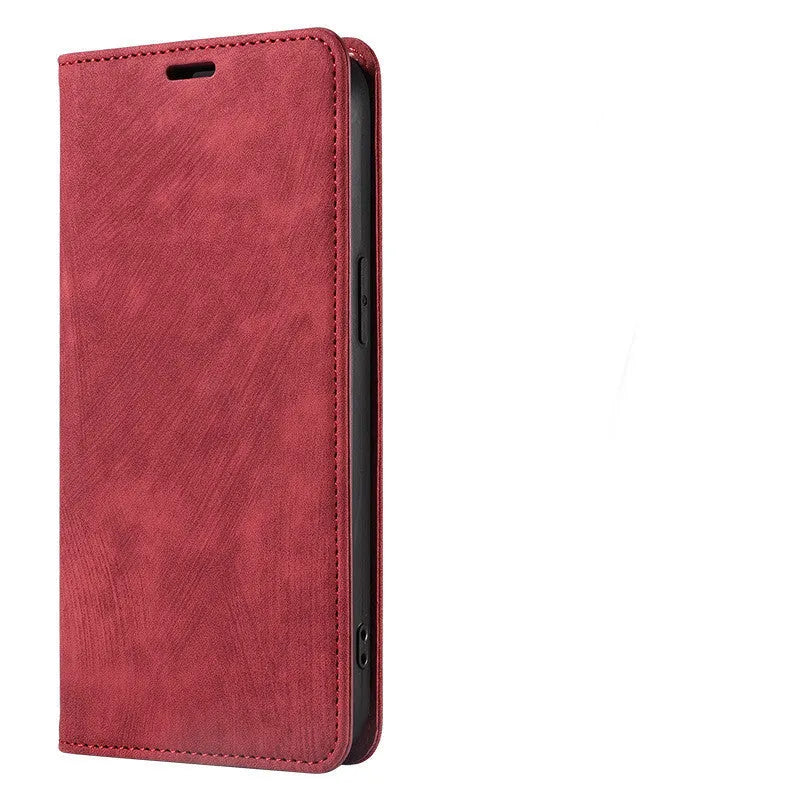 Magnetic flip phone case in genuine leather and TPU for iPhone, showing front cover closed with magnetic closure