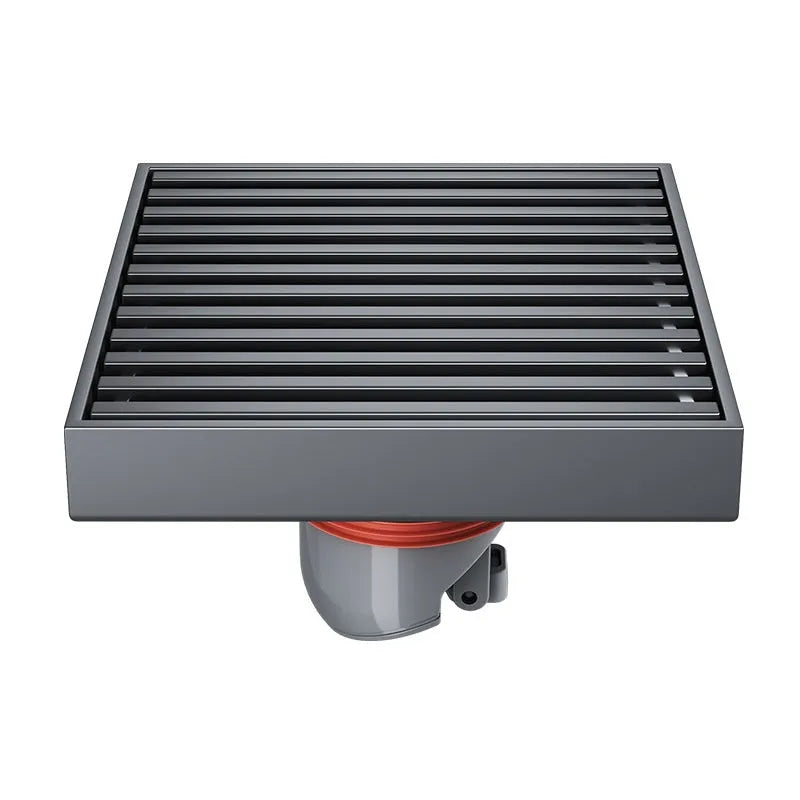 Gun grey 304 stainless steel courtyard floor drain measuring 15cm by 15cm.