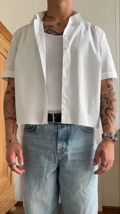 Men's white cropped length short sleeve shirt plain design regular fit