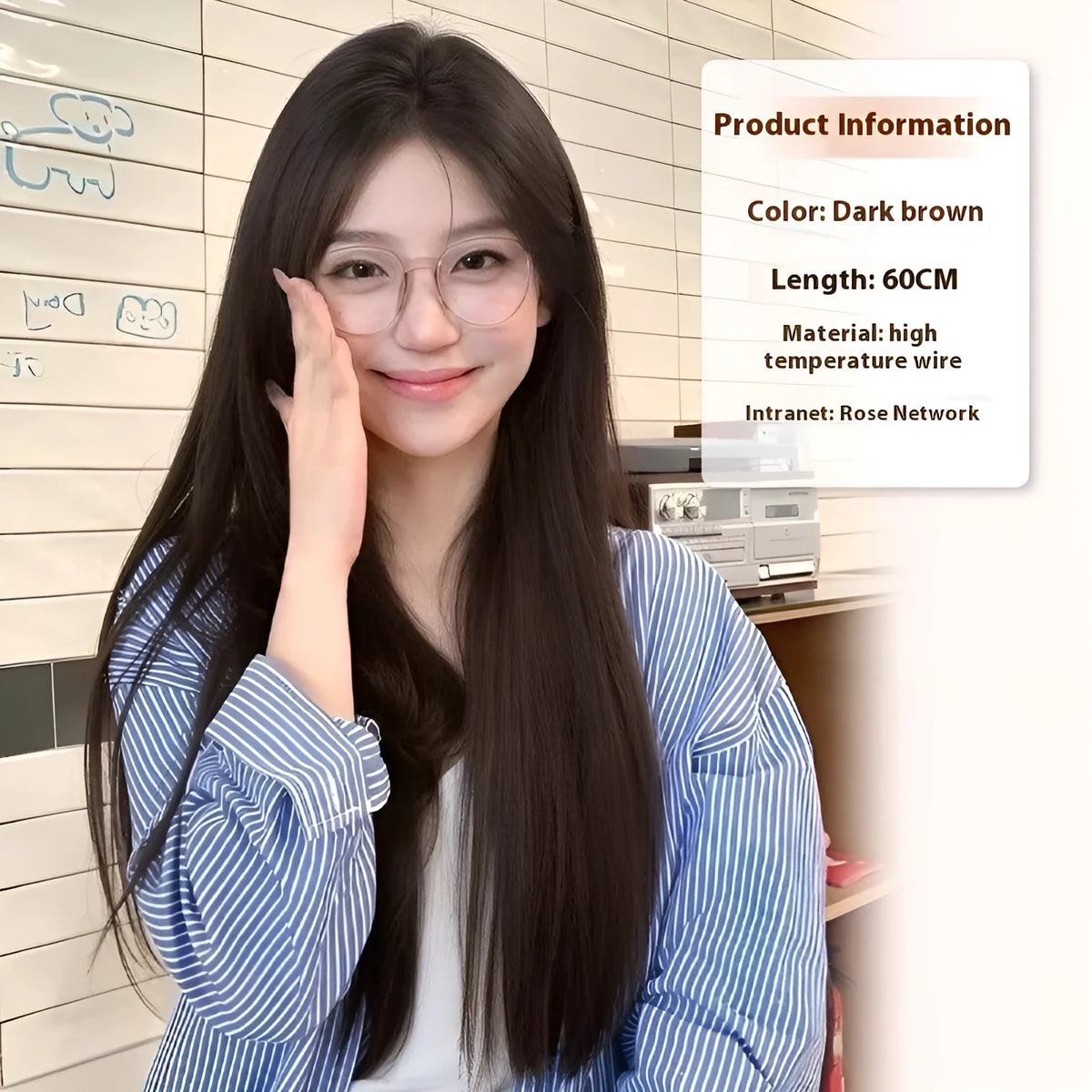 Full-head forehead lace wig with mid-length straight black hair and styling accessories