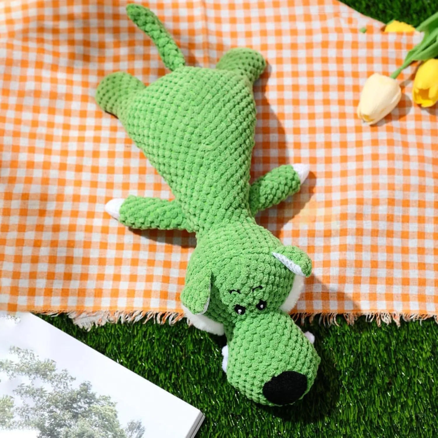 Plush dog chew toy with corn kernel texture and animal shape in green, grey, or yellow colours