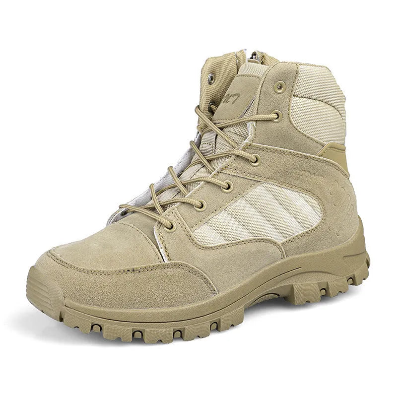 Men's black and camouflage high-top hiking shoes with PU upper and metal hardware detailing