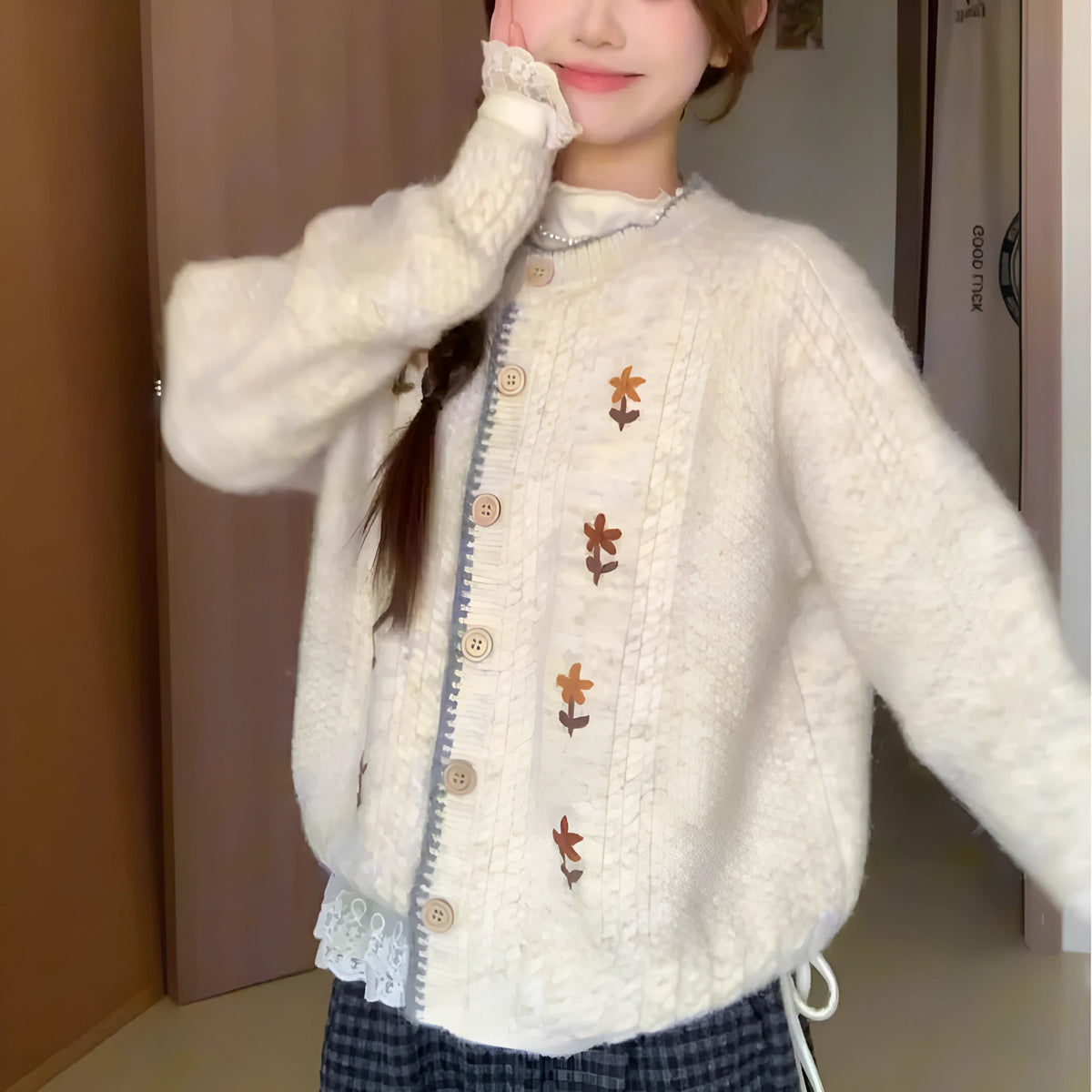 Japanese style round neck flower knitted cardigan for women in oatmeal colour with long sleeves and button front