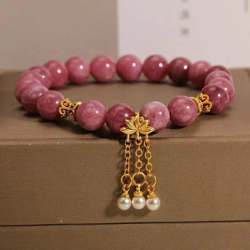 Pink lotus tassel natural stone bracelet with pearl pendant and crystal beads for women