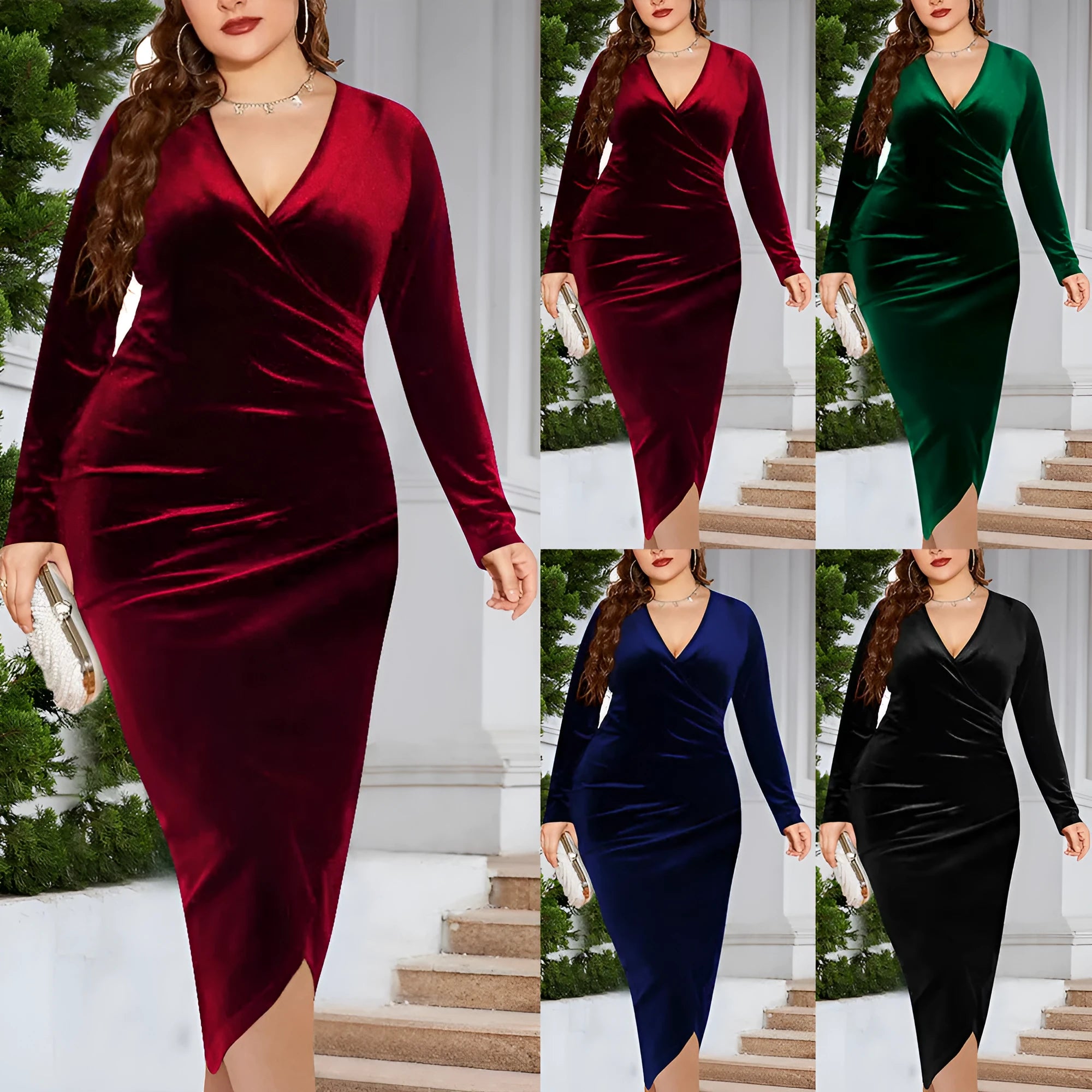 Women's plus size V-neck dress with long sleeves in polyester fabric showing colour options
