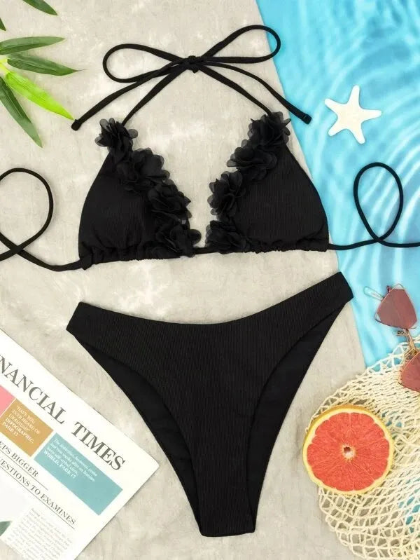 Black women's two-piece swimwear with gathered high-waist shorts and separate top