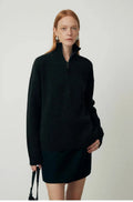 Women's loose lapels wool bandage dress in black, long sleeve pullover for autumn.