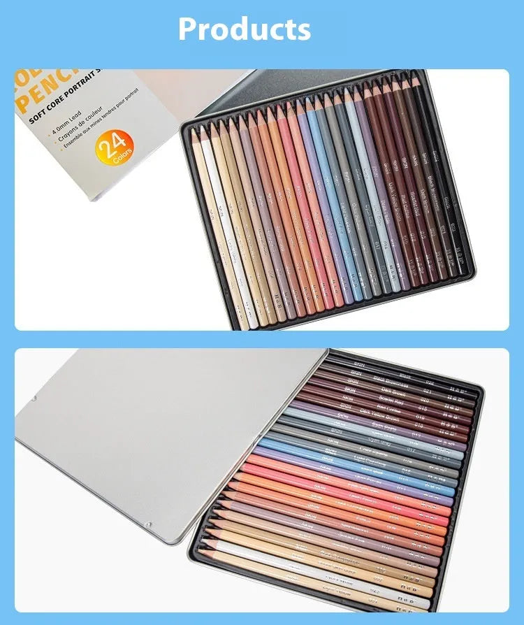 24 skin tone coloured pencils in iron tin case with round brush pot for portrait artwork