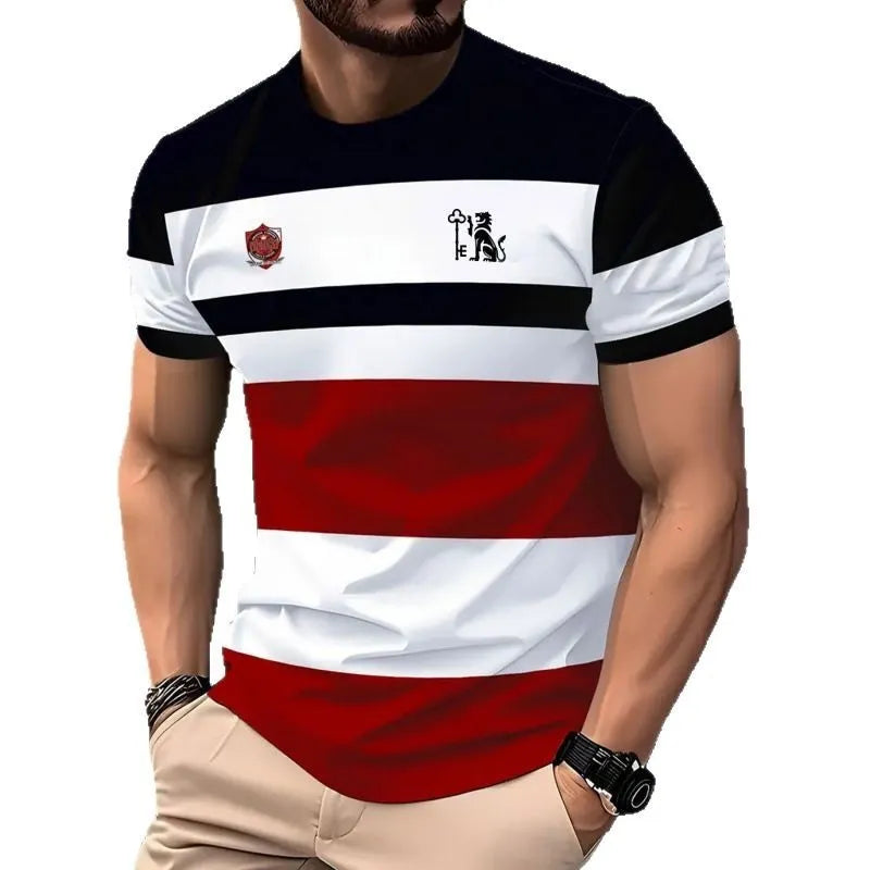 Men's loose fit short-sleeve T-shirt featuring a digital 3D printed stripe pattern in various colours.