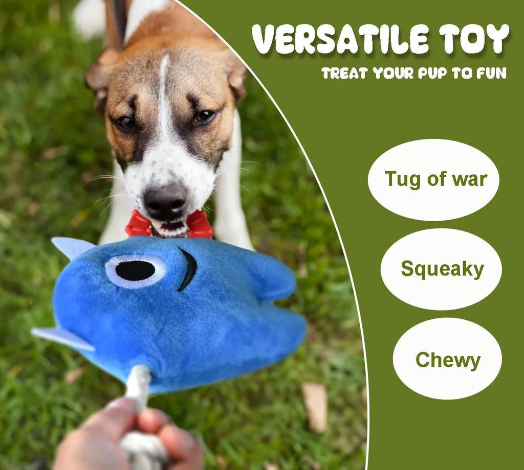 Blue and green plush dog toy with cotton rope elements and squeaker for chewing and tug of war play.
