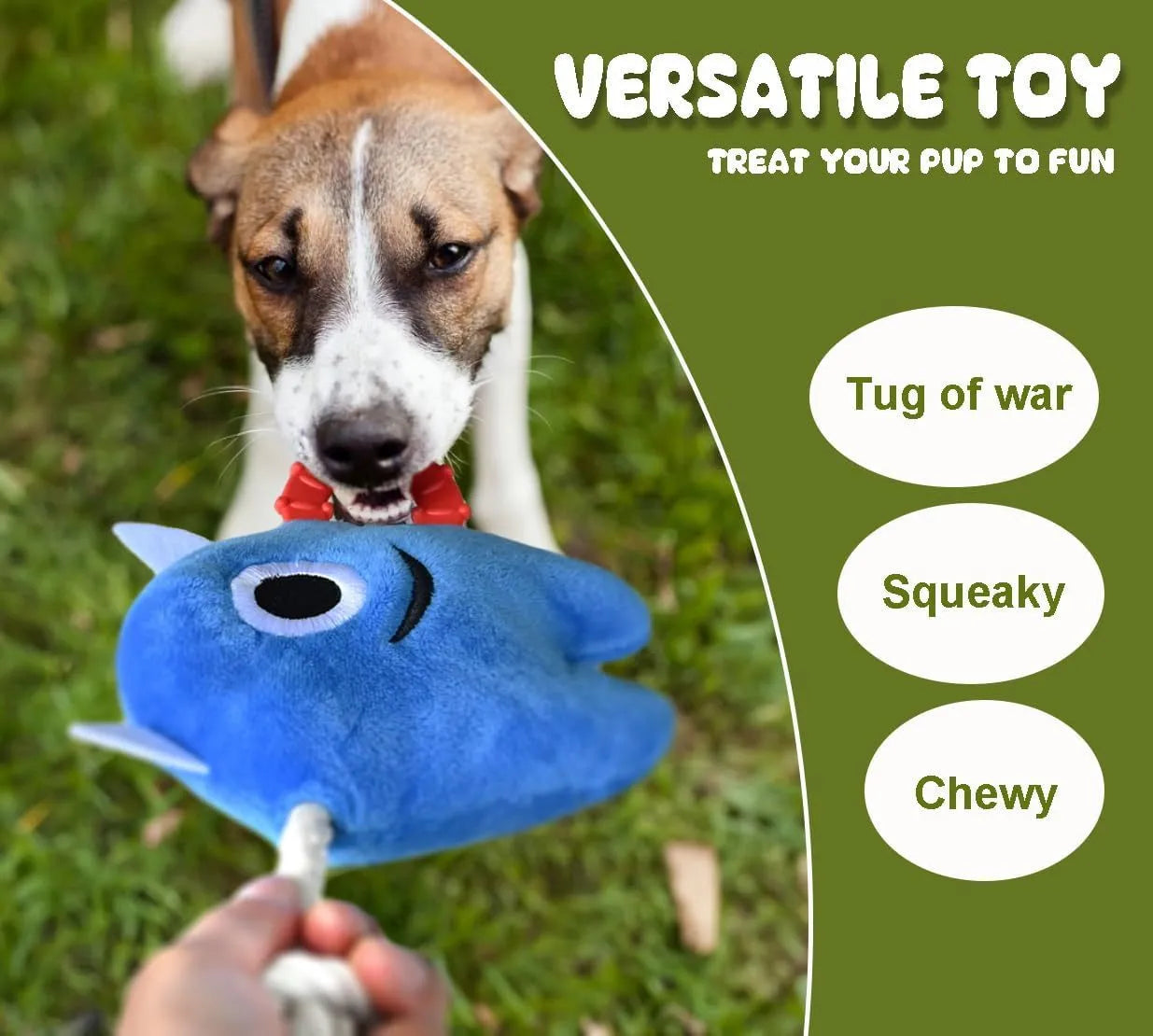 Blue and green plush dog toy with cotton rope elements and squeaker for chewing and tug of war play.