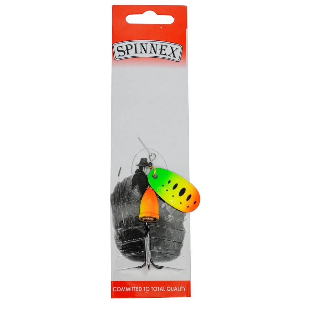 Composite rotating sequins copper bell metal fishing lure in seven colour options on a blue background.