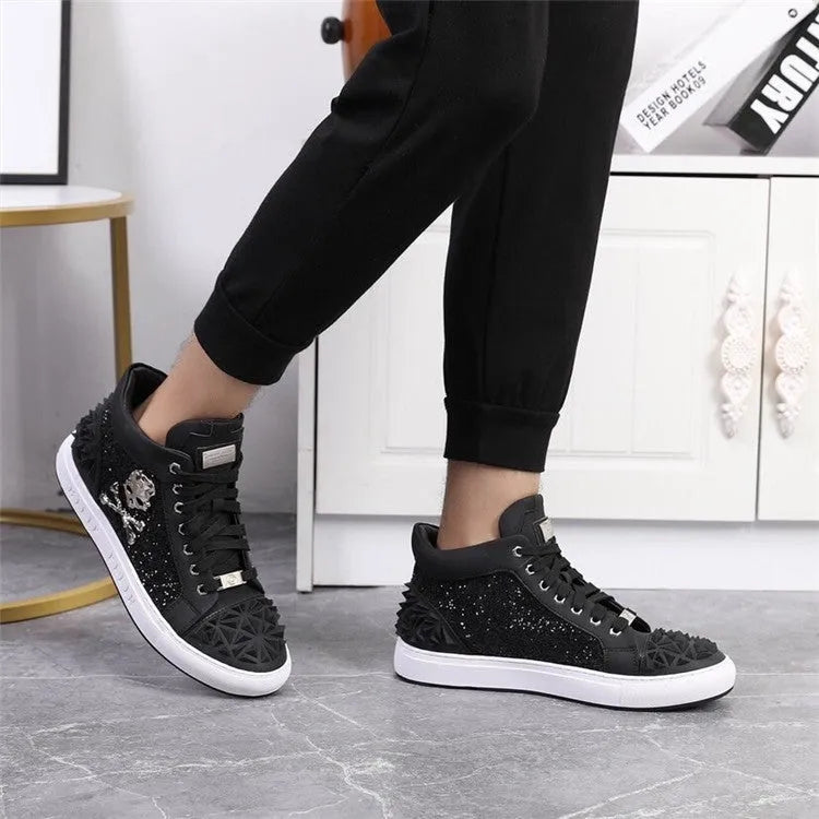 Men's black and red genuine leather skeleton shoes with high-top design and lace closure