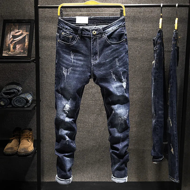 Men's slim-fit skinny jeans in dark blue and light blue cotton denim with mid waist design