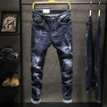 Men's slim-fit skinny jeans in dark blue and light blue cotton denim with mid waist design