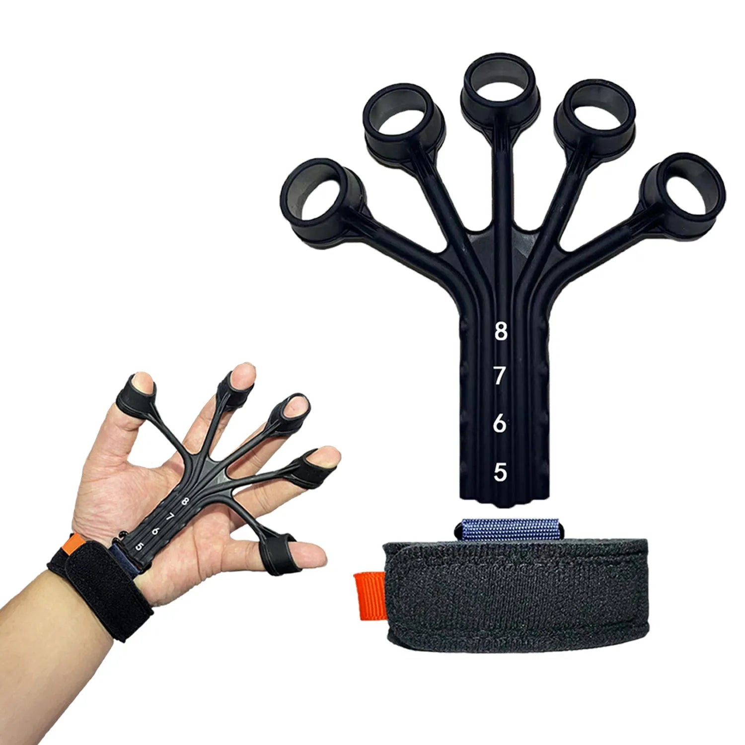 HLX silicone finger tension trainer with puller, tension ropes, and adjusting belt for hand exercises.