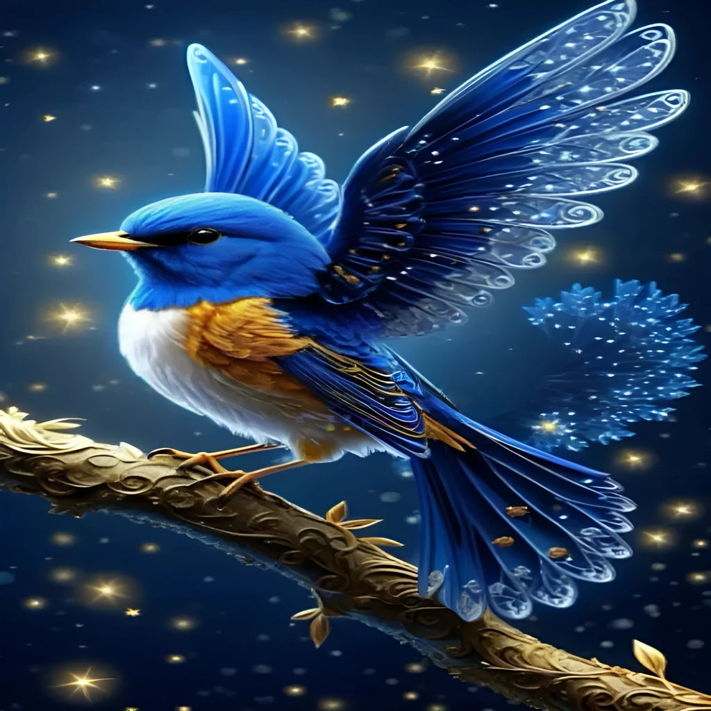 Handmade DIY diamond painting kit showing Blue Bird design on large 60x100cm canvas with rhinestones.