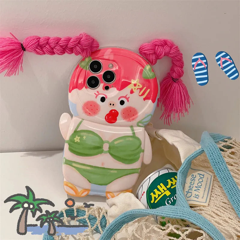 Pink and green silicone iPhone case with summer braid swimsuit girl cartoon design
