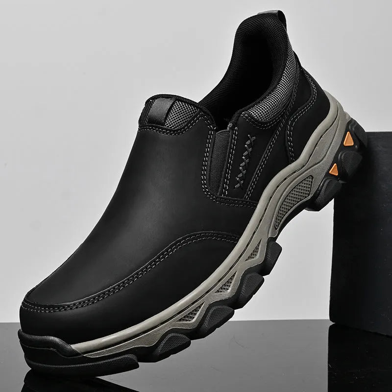 Men's casual leather-style shoes with rubber soles in dark brown, black or grey colour options