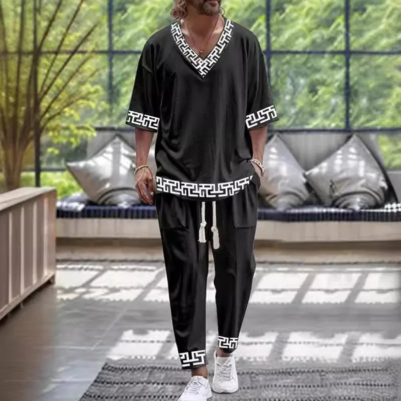Men's cropped sleeves V-neck polyester suit in multiple colour options