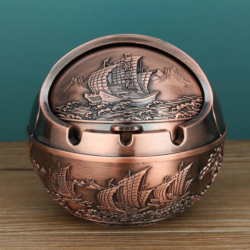 Alloy creative ashtray with smoke extinguishing slot in bronze finish featuring Dragon and Phoenix design