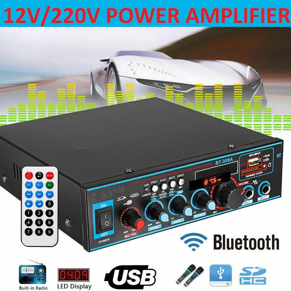 Black dual-purpose power amplifier with Bluetooth and recording functions for home and car audio